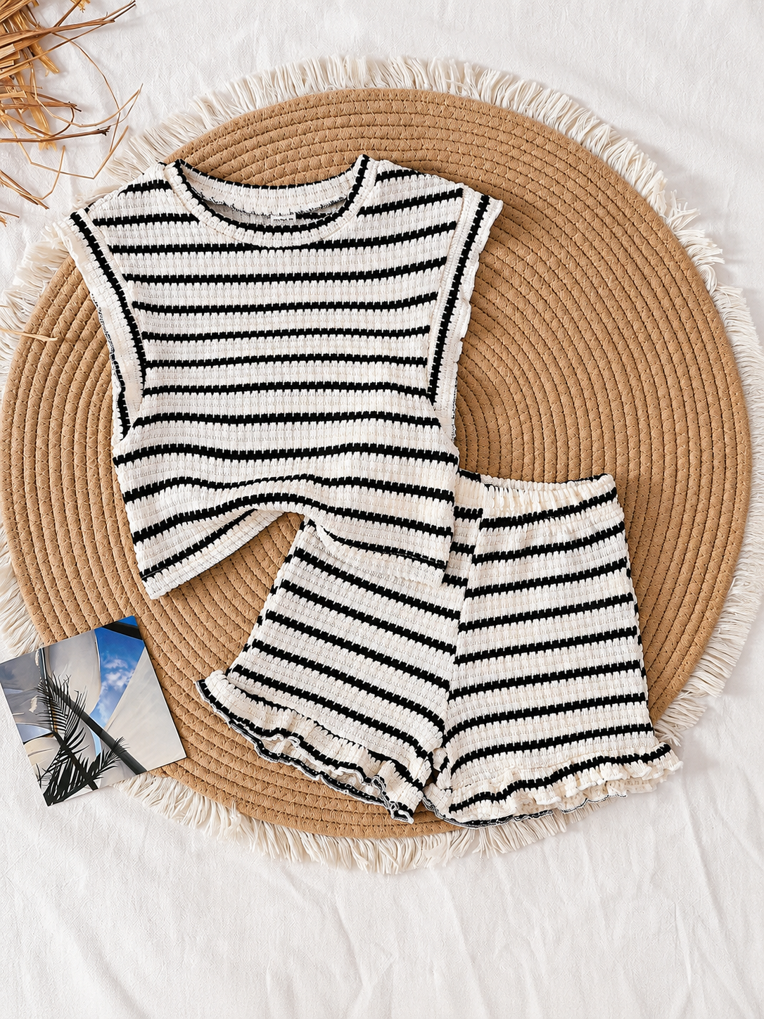 Baby Girl Black & White Striped Ruffle Sleeve T-Shirt & Shorts Set