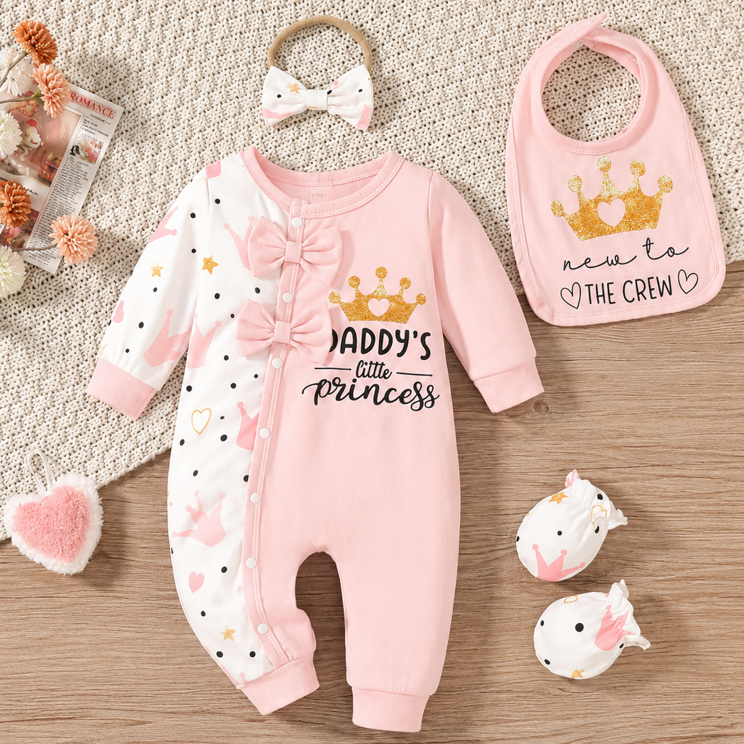 Adorable 4pcs Newborn Cow Print Set - Long Sleeve Jumpsuit, Headband, Bib & Mittens