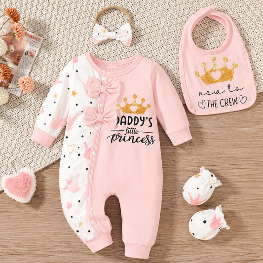 Adorable 4pcs Newborn Cow Print Set - Long Sleeve Jumpsuit, Headband, Bib & Mittens