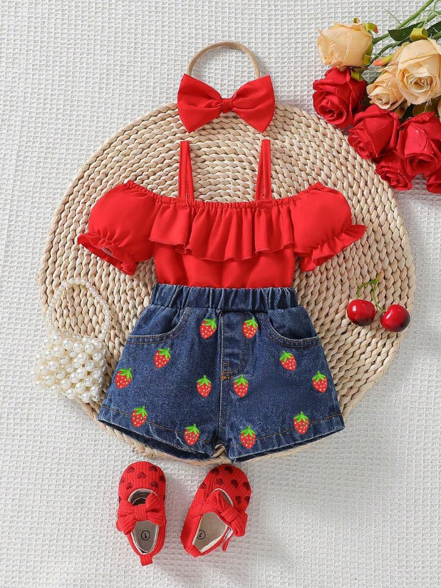 Infant Girls 2pcs Casual Denim Top & Bow Decor Jeans Set