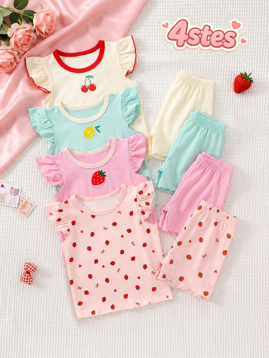 8-Piece Multi-Color Ribbed Short Sleeve Top and Shorts Set for Baby Girls