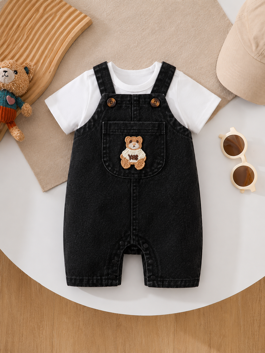 Playful Pals Baby Boy Bear Embroidery Romper - Summer Casual Pocket Jumpsuit