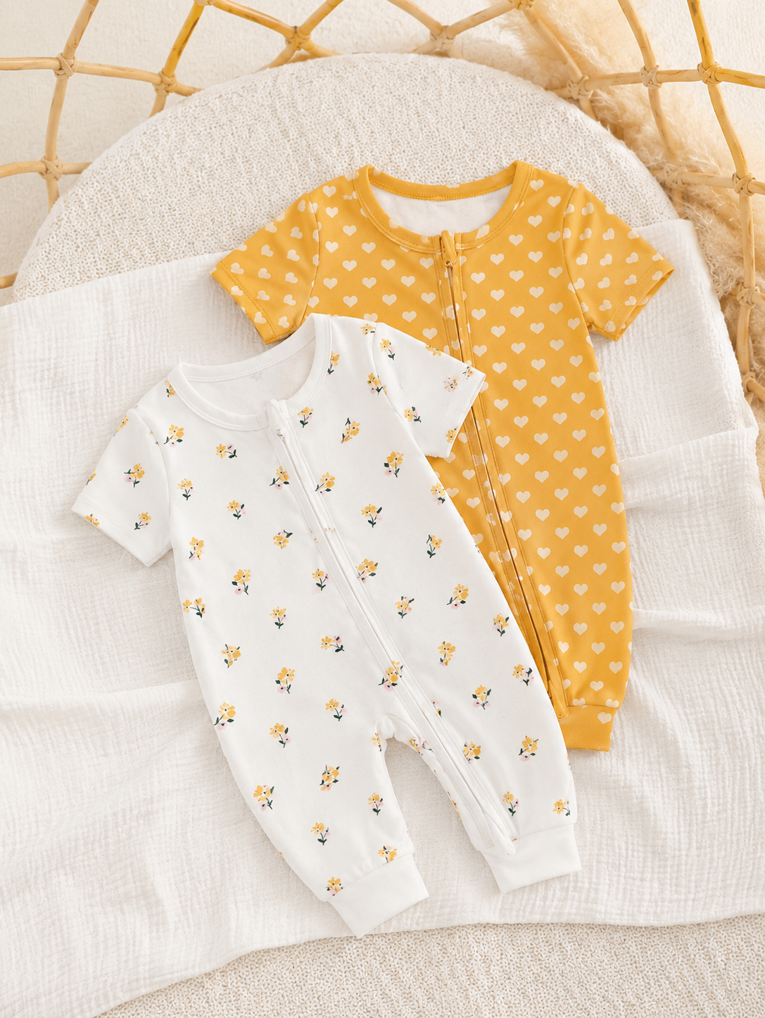 2pcs Baby Girl Heart and Ditsy Floral Jumpsuit Set - Sweet Long Sleeve Outfit