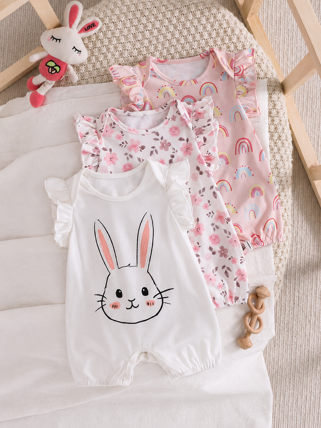 Newborn Soft Knit Summer Romper Set - 3pcs Cute Cartoon Graphic Outfits