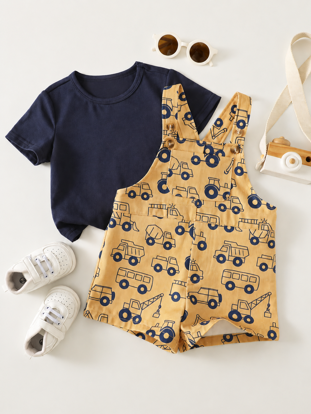 2-Piece Toddler Boy Outfit: Black Graphic T-Shirt and Camo Bib Shorts