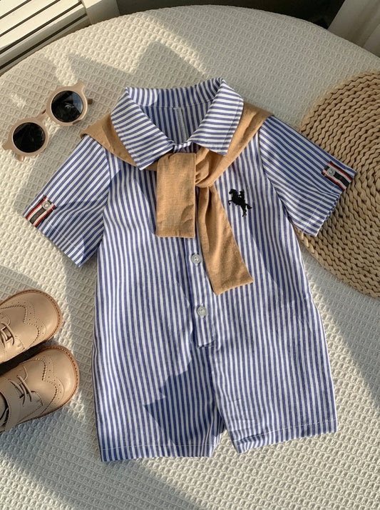 Newborn Baby Blue And White Stripe Outfit With Khaki Knit Shawl