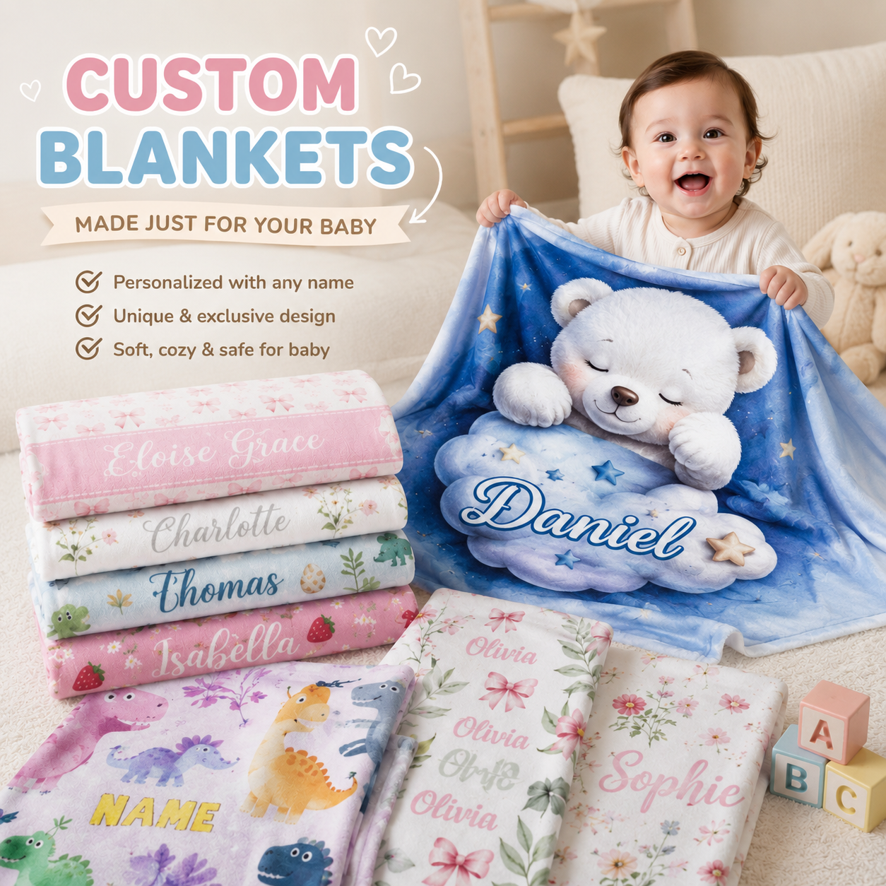 Personalized Name Blanket for Babies and Kids, Custom Printed Soft Blanket