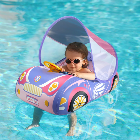 Kids Car Swimming Seat Float Ring - Inflatable Baby Boat with Canopy - Safety Summer Water Toy for Pools & Beaches