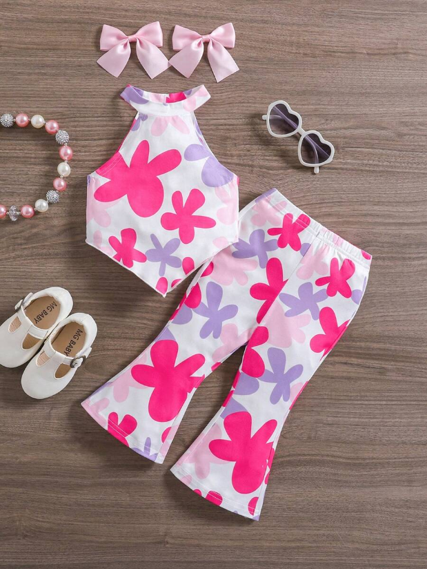 Tropical Vacation Sleeveless Top and Flared Pants 2-Piece Set for Toddler Girls