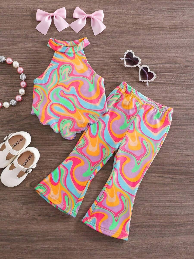 Tropical Vacation Sleeveless Top and Flared Pants 2-Piece Set for Toddler Girls