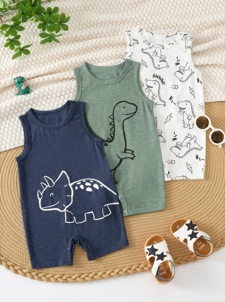 Unisex Dinosaur Print Sleeveless Romper Set For Toddlers Spring Summer Wear