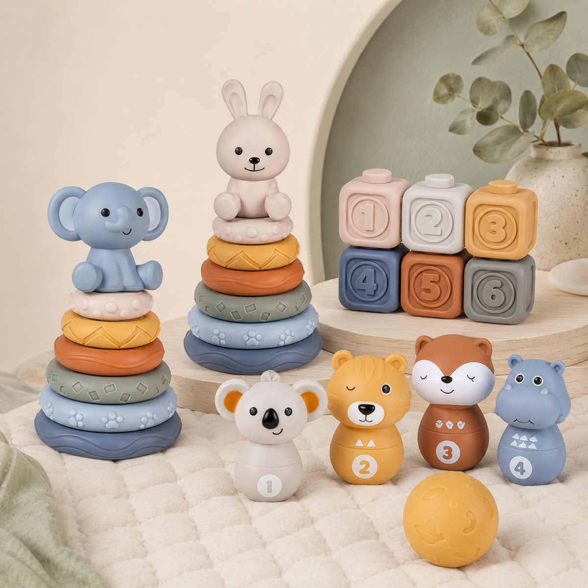 Baby Sensory Learning Toy Set – Soft Number Blocks, Animal Bowling Balls & Rainbow Stacking Rings