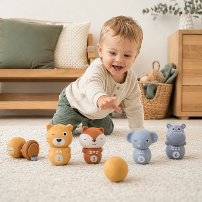 Baby Sensory Learning Toy Set – Soft Number Blocks, Animal Bowling Balls & Rainbow Stacking Rings