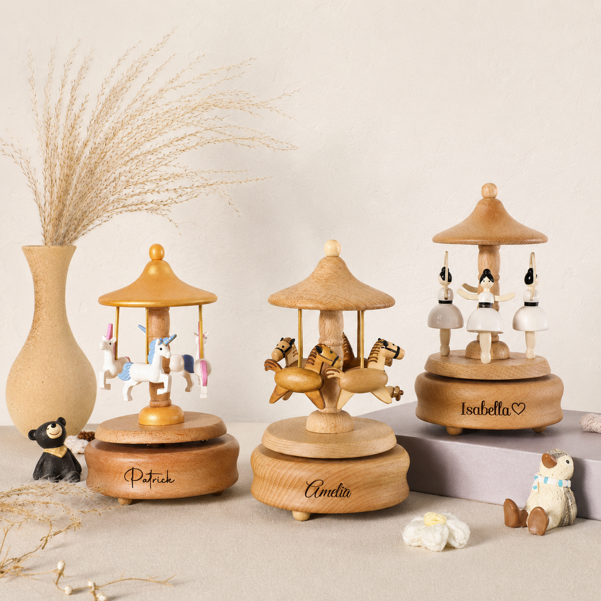 Personalized Wooden Carousel Music Box – Engraved Horse Gift