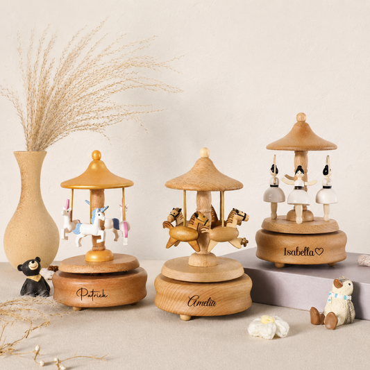 Personalized Wooden Carousel Music Box – Engraved Horse Gift