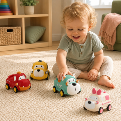 Soft Rubber Pull-Back Vehicle Set – Baby Police Car, Fire Truck, Taxi & Ambulance