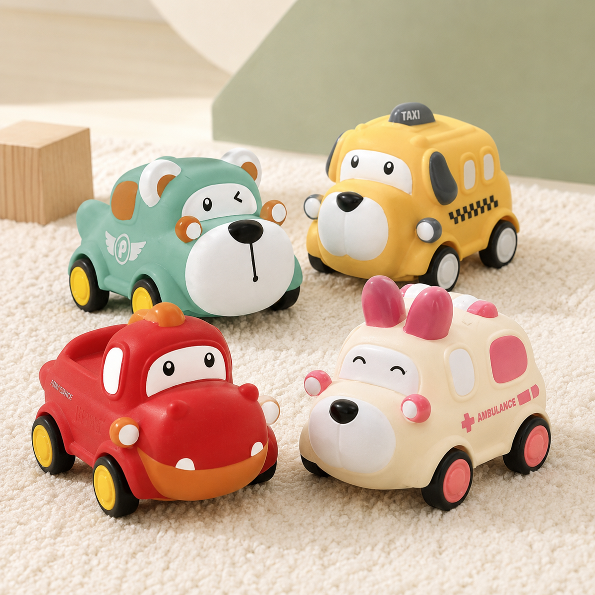 Soft Rubber Pull-Back Vehicle Set – Baby Police Car, Fire Truck, Taxi & Ambulance