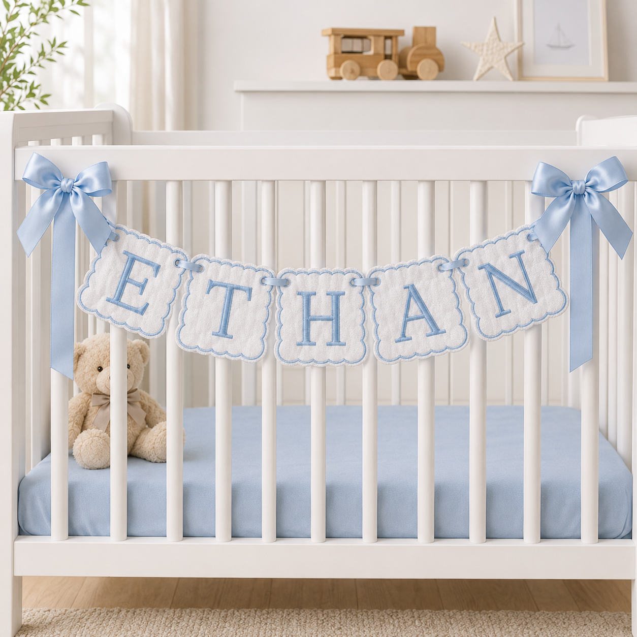 Personalized Embroidered Baby Name Banner – Custom Nursery Crib Decor & Newborn Gift