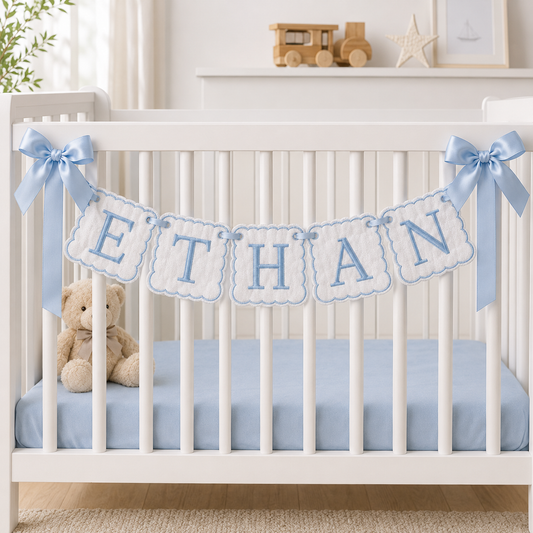 Personalized Embroidered Baby Name Banner – Custom Nursery Crib Decor & Newborn Gift