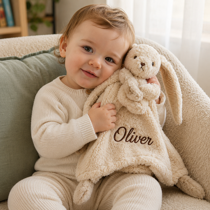 Personalised Baby Bunny Comfort Blanket – Custom Name Plush Lovey & Newborn Gift