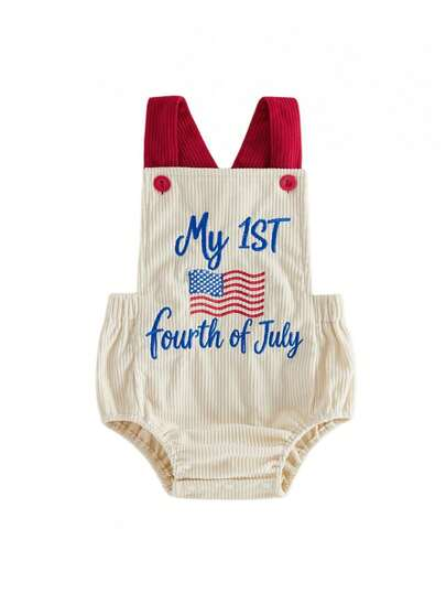 Infant 4th of July Jumpsuit with Flag Embroidery Sleeveless Square Neck Romper