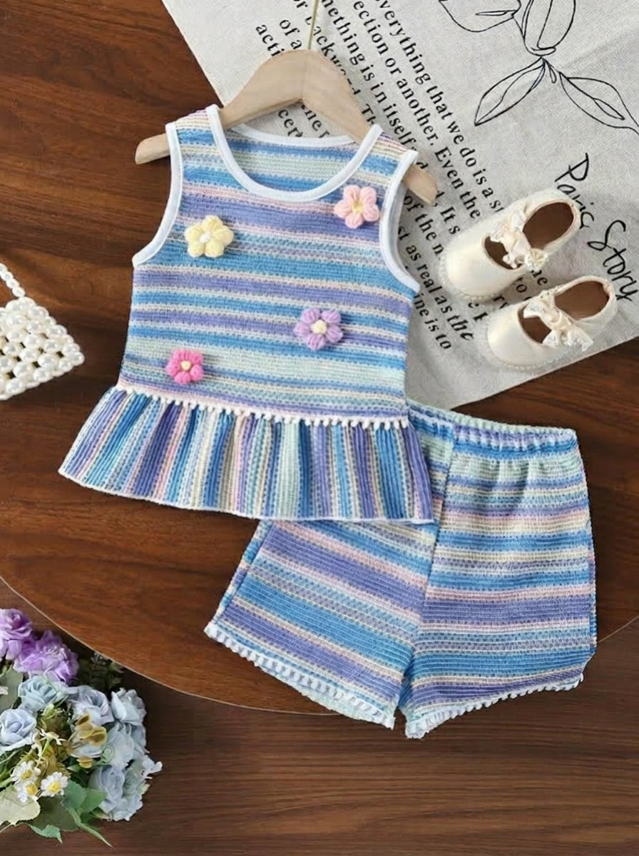 Two Piece Summer Clothing Set For Kids Girls Floral Knit Top And Shorts